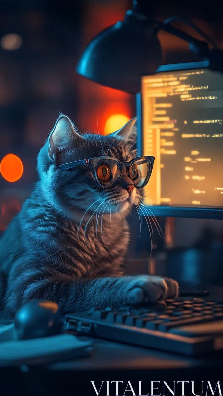 Digital Cat Programmer Coding at Night with Neon Lighting