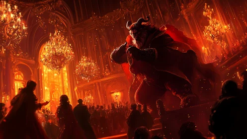 Horned beast storms baroque ballroom under blazing chandeliers.