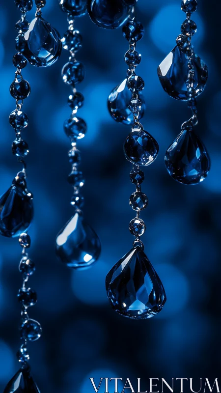 Glistening blue crystal droplets sway softly in dreamy light