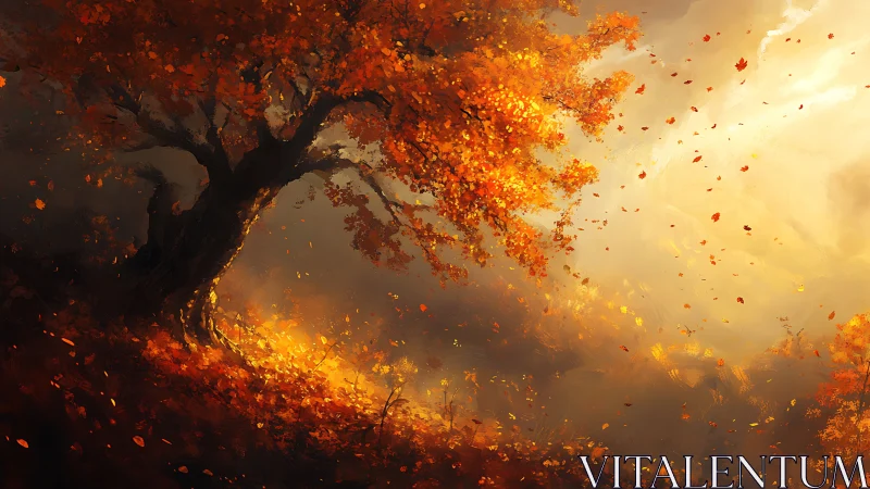 Autumn tree on hillside with glowing light and falling leaves.