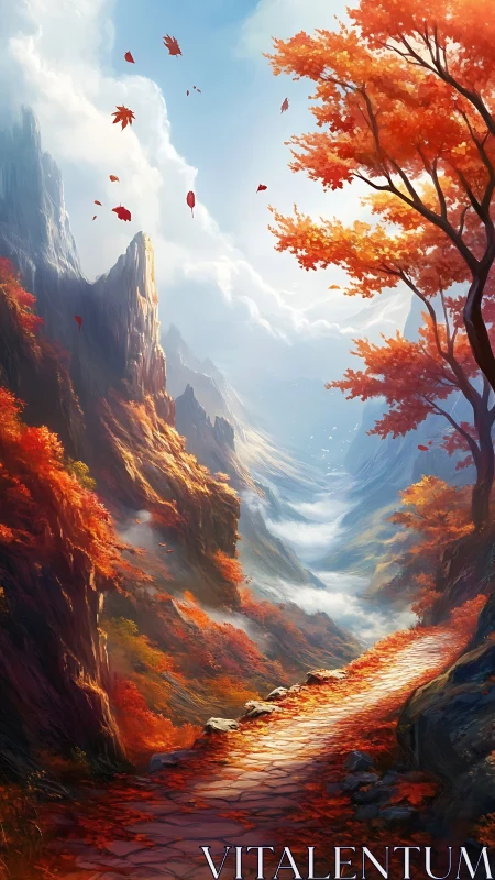 Autumn mountain path curves toward distant misty valley