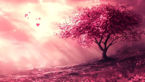 Ethereal Blossom Landscape with Luminous Pink Tree.