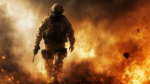 Armed soldier silhouette advancing through dense explosion.