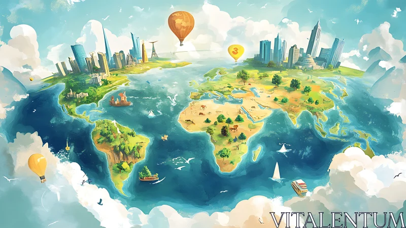 Stylized world map with floating continents and urban skylines