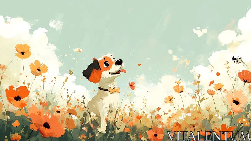 Joyful puppy exploring a sunny wildflower meadow scene.