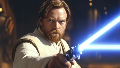 Jedi warrior holds blue energy sword in focused stance