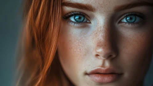 Freckled copper muse with crystalline blue gaze in focus.
