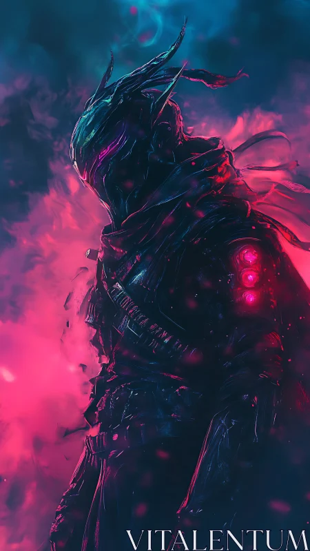 Armored sci fi warrior in neon pink and blue mist.