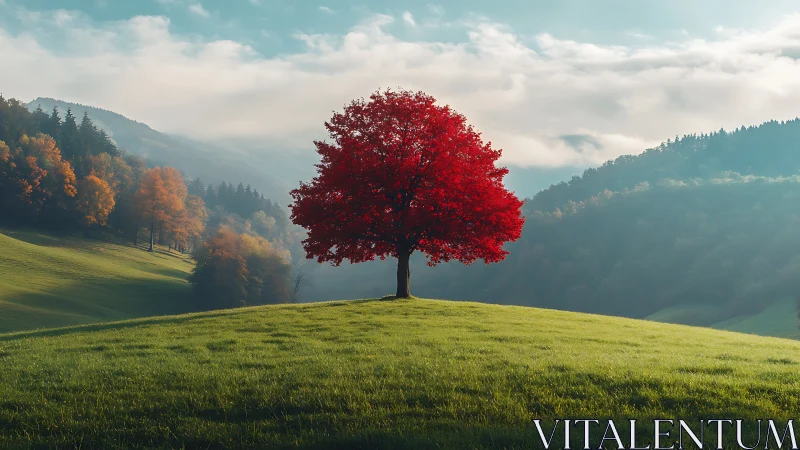 Solitary crimson tree crowned by misty mountain valleys.