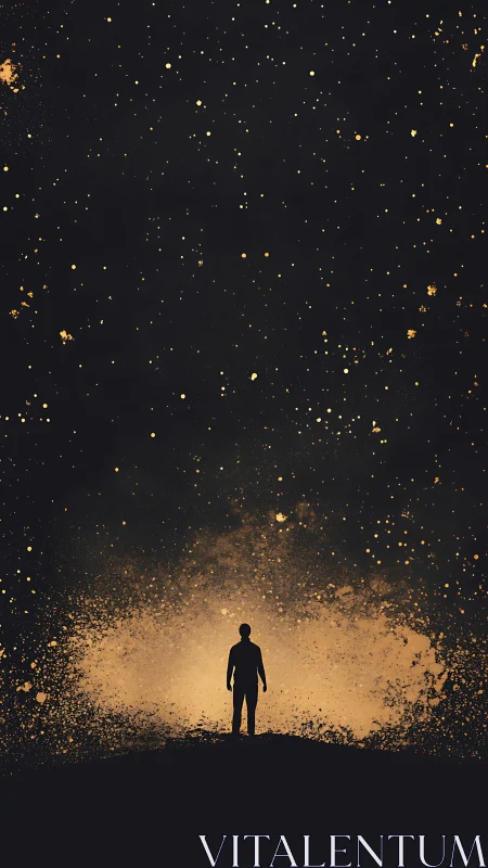 Silhouette figure under star filled night sky glow.
