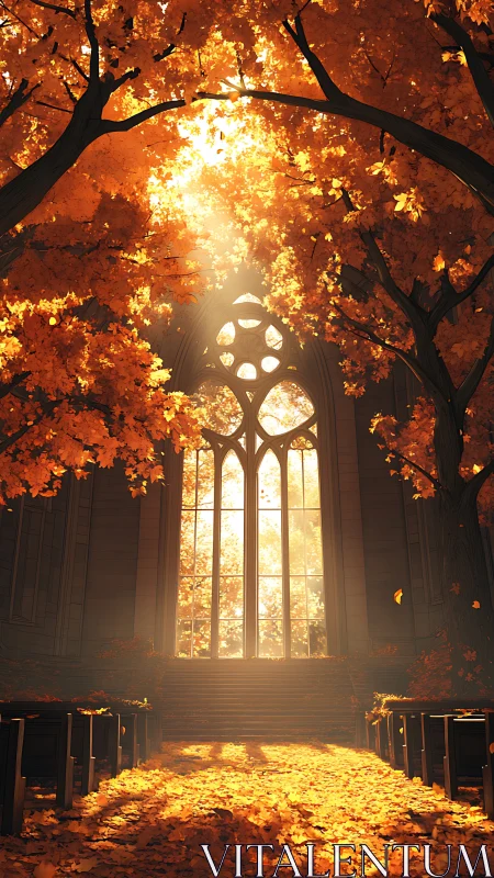 Autumnal nave under arboreal vault with volumetric sunlight.