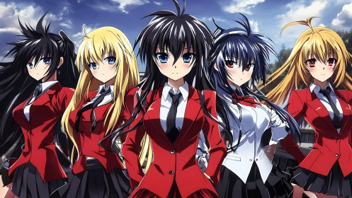 Anime school heroines in red uniforms under vivid sky.