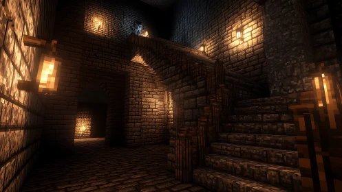 Moody pixel dungeon staircase glows with warm lantern light.