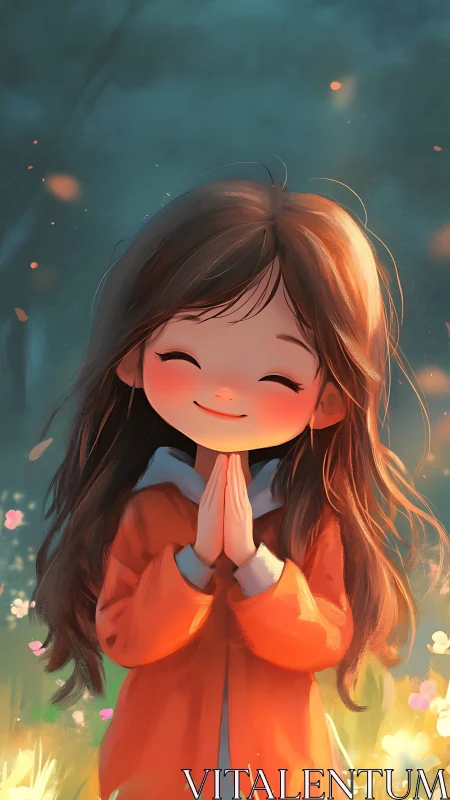 Smiling girl in orange coat stands in glowing outdoor field.