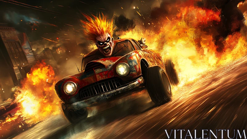 Inferno-fueled hot rod rampages through a burning cityscape.