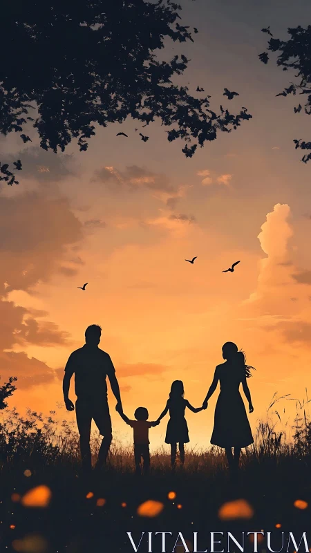 Silhouetted family walks through field at warm sunset sky