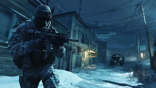 Tactical soldier advances through snowbound night street.