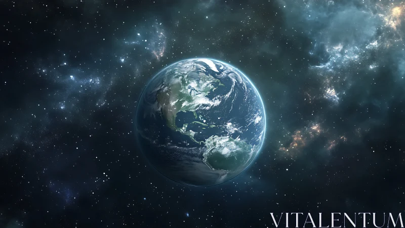 Solitary Earth drifting in luminous deep space expanse.