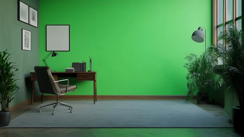 Modern workspace with vivid green wall and biophilic design.