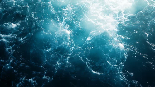 Sunlit ocean surface with white foam and deep blue water.
