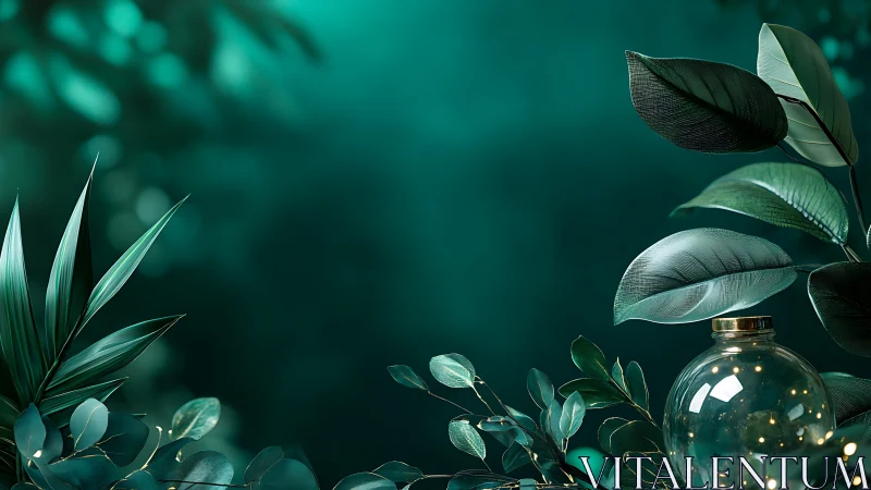 Green foliage and glass lamp against teal blurred background.