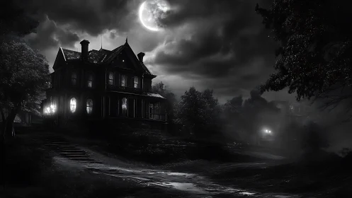 Old Victorian mansion under moonlit stormy night sky.