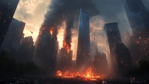 Skyscraper inferno engulfs dystopian city under stormy sky