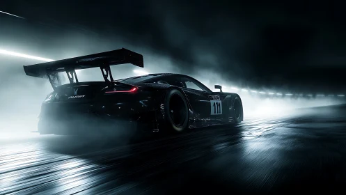 Night race hypercar accelerates through misty illuminated tunnel