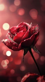 Deep Red Rose with Dew Droplets Against Soft Bokeh Lighting