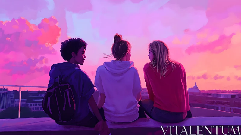 Three friends silhouetted against a neon gradient city sunset