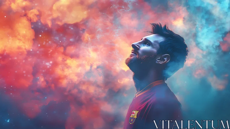 Stargazing footballer adrift in neon cosmic smoke clouds.