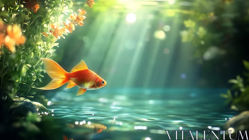 Goldfish moves through shallow water under directional light