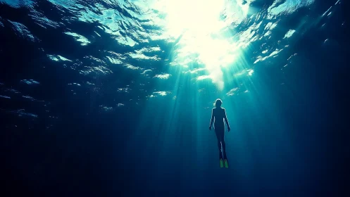 Freediver Silhouette Ascends Through Radiant Cyan Light Shafts.