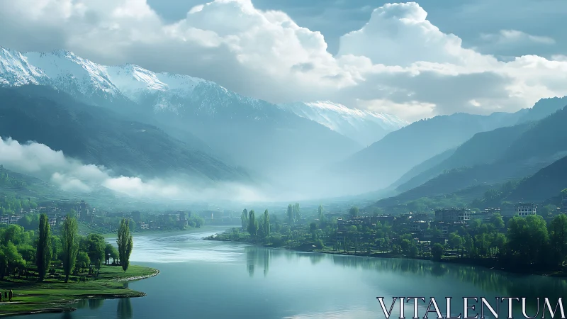 Snowcapped mountains and lakeside valley bask in soft mist.