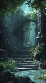 Hidden stone stairway into a tranquil emerald ruin.