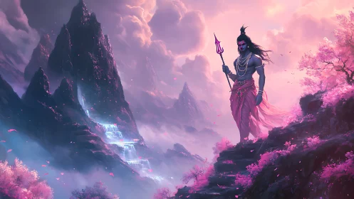 Divine warrior overlooks neon-lit mountains in sacred dawn