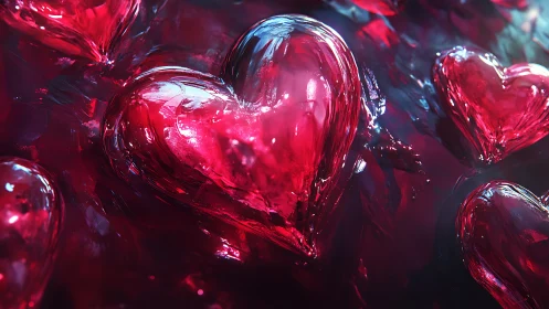 Luminous glass hearts float in crimson darkness