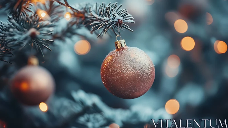 Macro close-up shows frosted bauble on snow-dusted fir branch