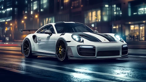 Sleek white sports car glowing on a calm city night street.