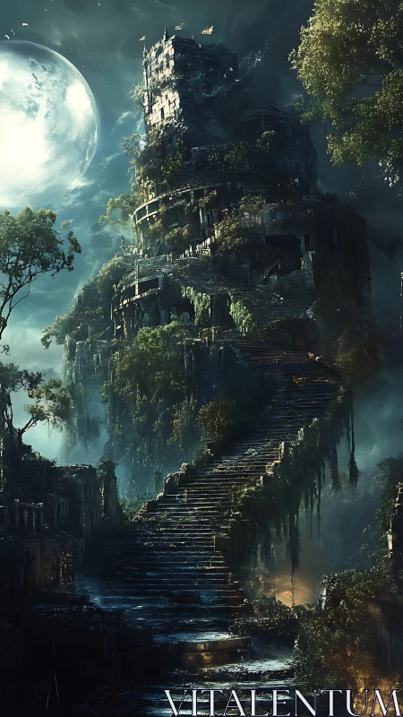 Moonlit vine-covered tower and winding skyward staircase.