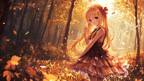 Anime girl standing in glowing autumn forest scene.