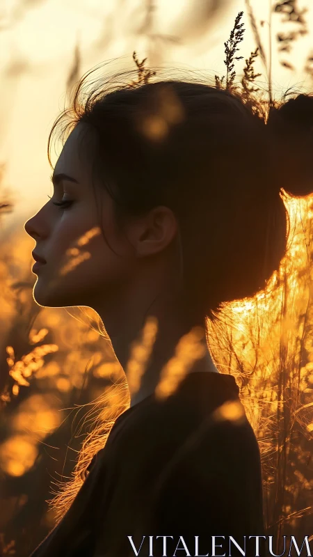 Silhouette profile glows in golden sunset field light.