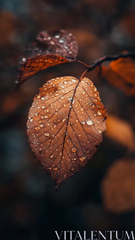 Macro autumn leaf with water droplets on dark bokeh ground.