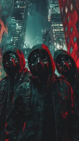Triadic gas-masked figures in neon-contrasted dystopian skyline.