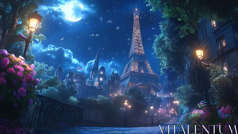 Enchanted Parisian nightscape with glowing Eiffel Tower.