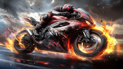 Motorcyclist rides blazing superbike through storm roadway