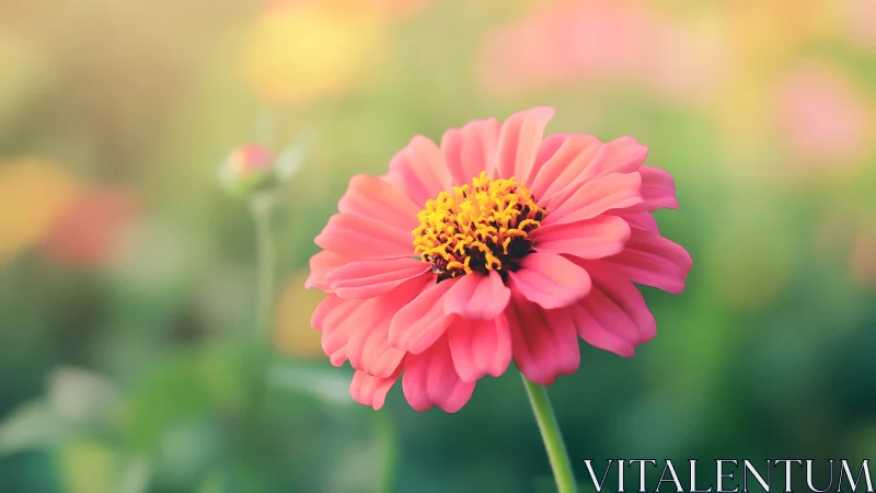 Pink Zinnia with Yellow Center and Soft Garden Blur.