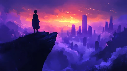 Lone silhouette watches neon-tinted city at sunrise.