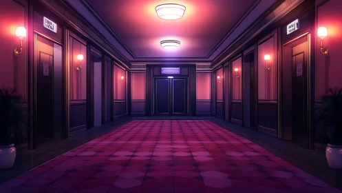 Quiet hotel corridor with warm neon lighting at night.