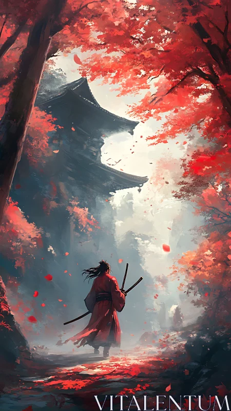 Solitary samurai beneath crimson autumn temple path.
